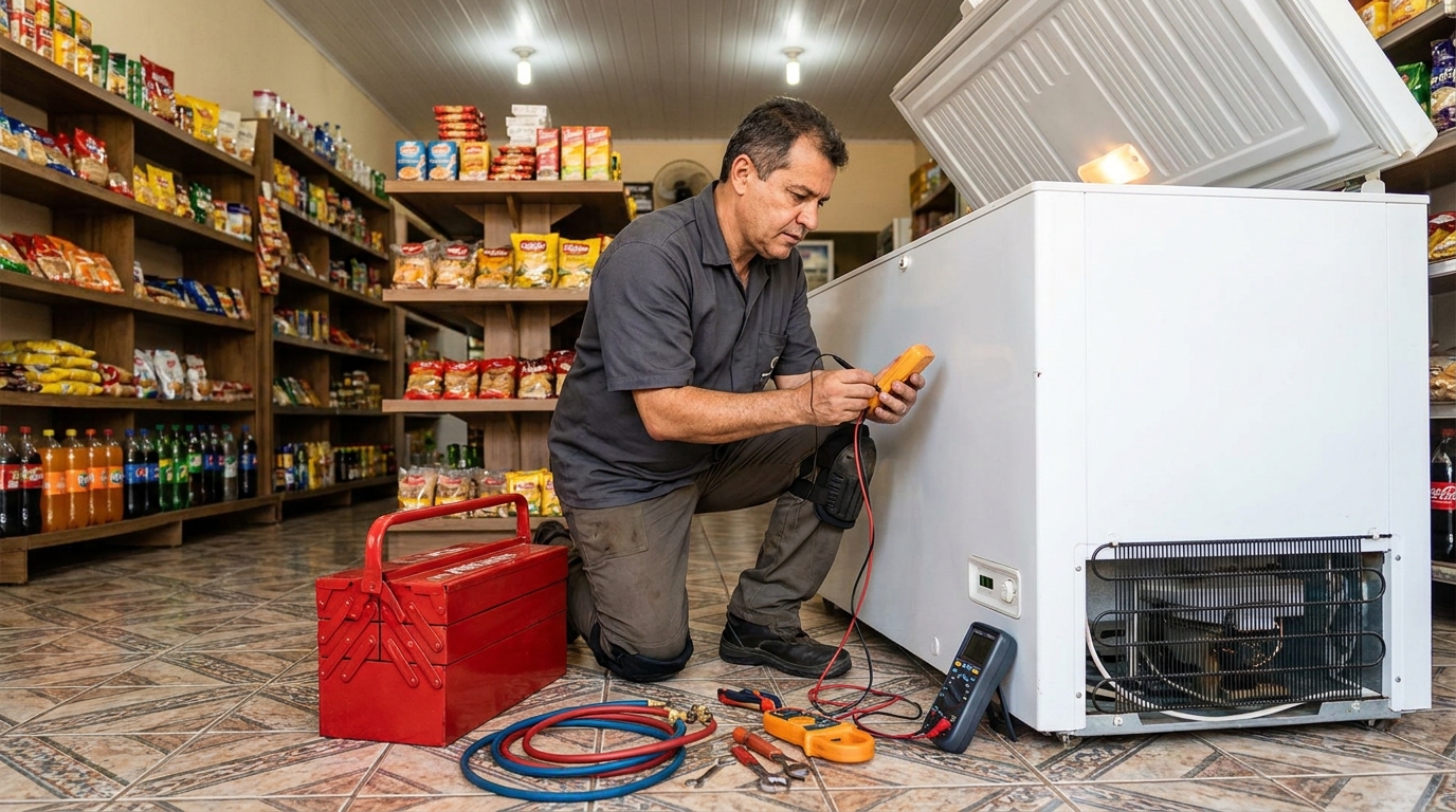 Recarga de gás refrigerante no freezer durante atendimento em Mogi das Cruzes‑SP